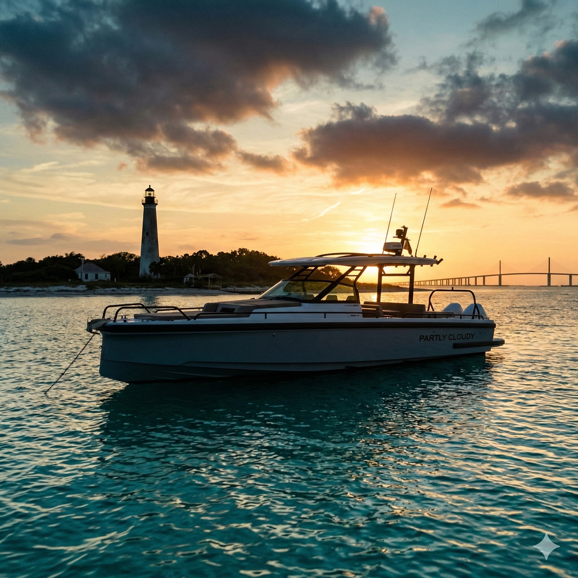 Partly Cloudy yacht anchored at sunset near the Egmont Key lighthouse with the Sunshine Skyway Bridge in the distance